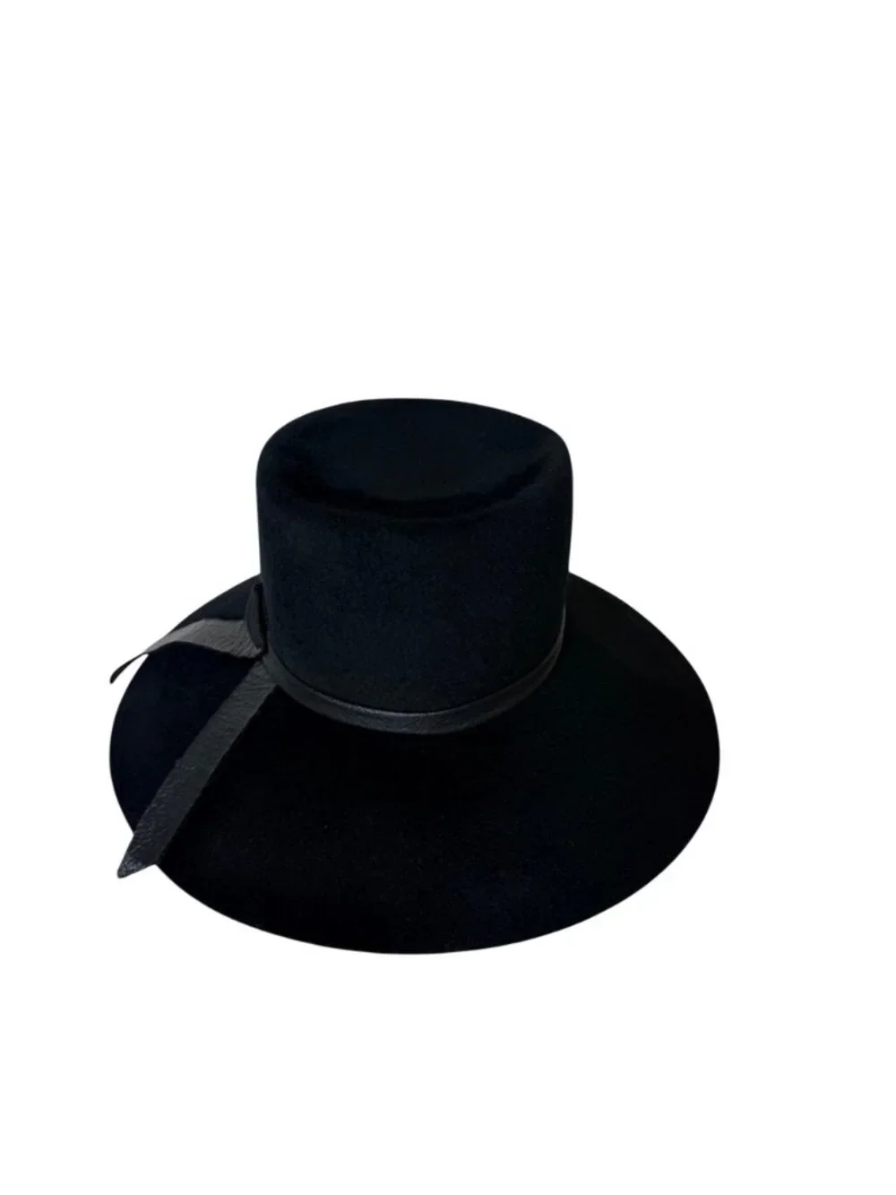 Vintage Glenover Black Felt Hat Leather Bow USA Made Large Wide Brim